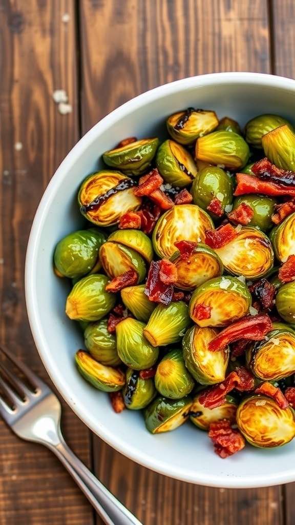 Air fryer Brussels sprouts with bacon and balsamic glaze, garnished with Parmesan cheese.